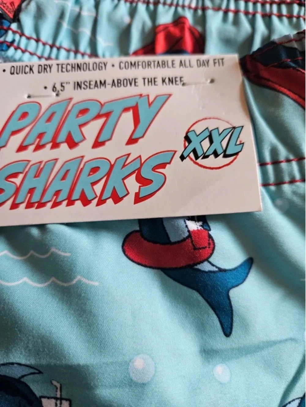 Party Sharks Men’s Swim Trunks XXL Turquoise Shark Print 6.5